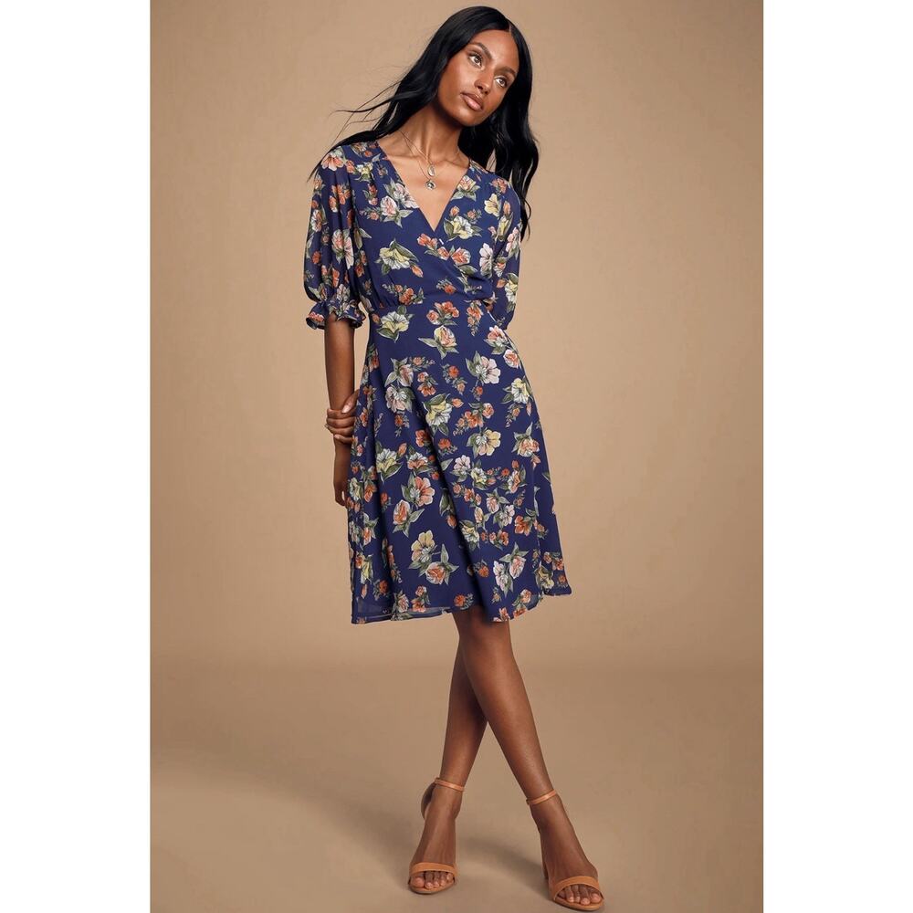 Lulu’s Keara Navy Blue Floral Print Midi Dress Size L